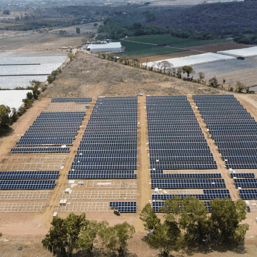 Vista aérea amplia del parque solar con cuatro bloques de paneles separados por caminos de tierra